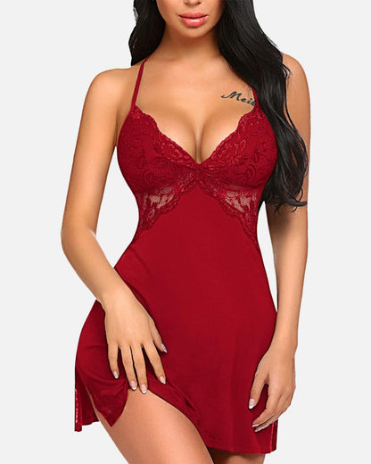 Lace Trim Slit Sleep Dress Babydoll Teddy Lingerie