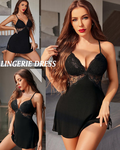 Lace Trim Slit Sleep Dress Babydoll Teddy Lingerie