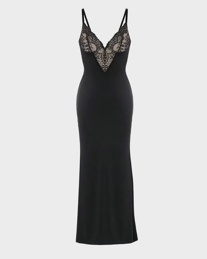 Deep-V Lace High-Slit Maxi Dress with Built-In Shapewear