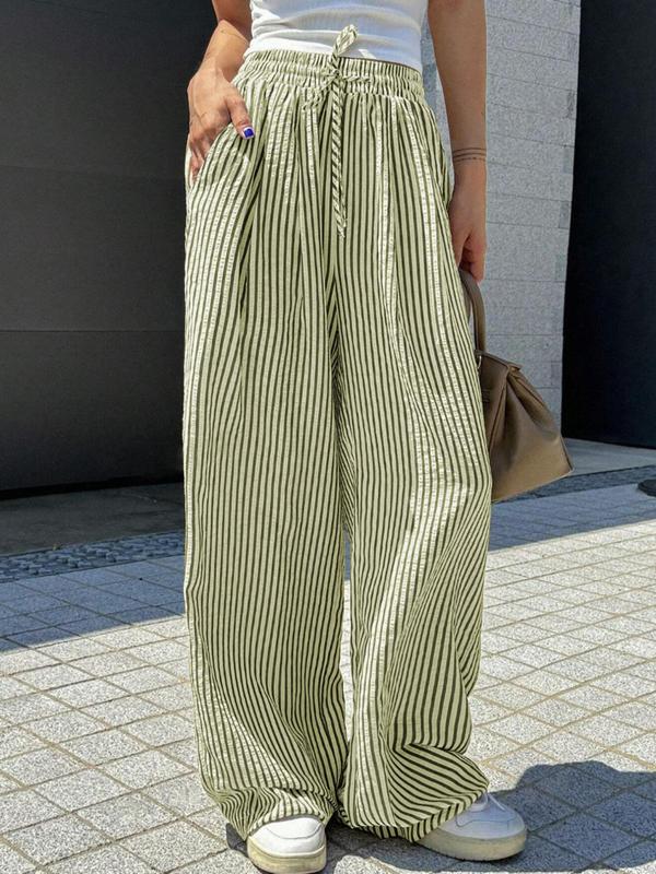 Women's Striped Print Drawstring Waist Casual Summer Wide Leg Pants