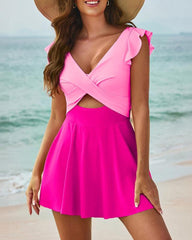 One Piece  Ruffle Cutout Swimdress Tummy Control V Neck Wrap Swimsuit