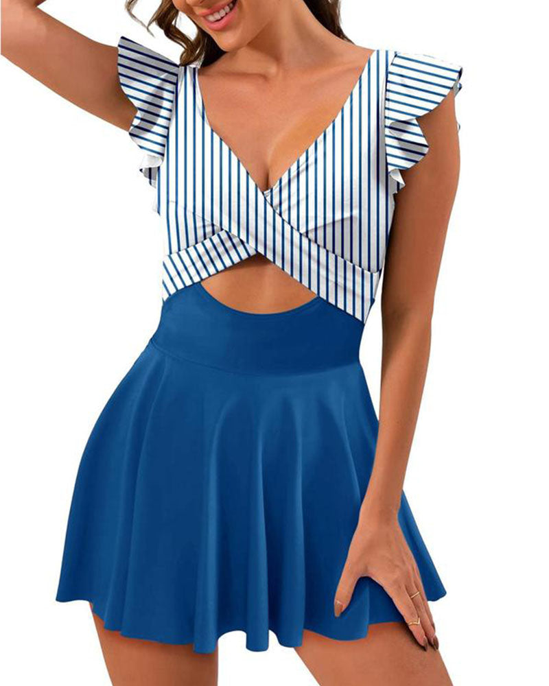 One Piece  Ruffle Cutout Swimdress Tummy Control V Neck Wrap Swimsuit