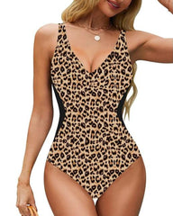 Color Block Lace Up Back Slimming Tummy Control Deep V Neck Swimsuit