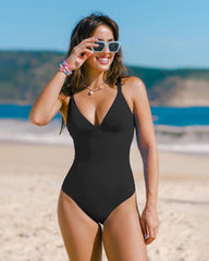 Women Casual Lace-Up Back Tummy Control Plunging Slim & Sculpt Swimsuit