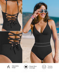 Women Casual Lace-Up Back Tummy Control Plunging Slim & Sculpt Swimsuit
