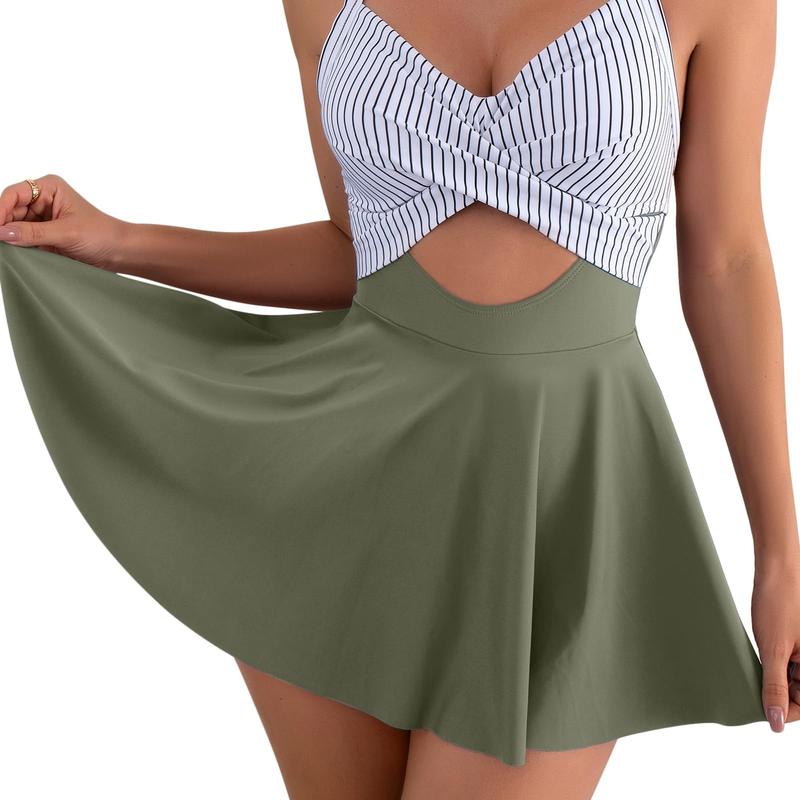 Women Cutout One Piece Skirt Swimsuit Tie Back Tummy Control Swimdress