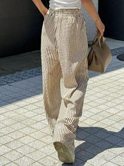 Women's Striped Print Drawstring Waist Casual Summer Wide Leg Pants