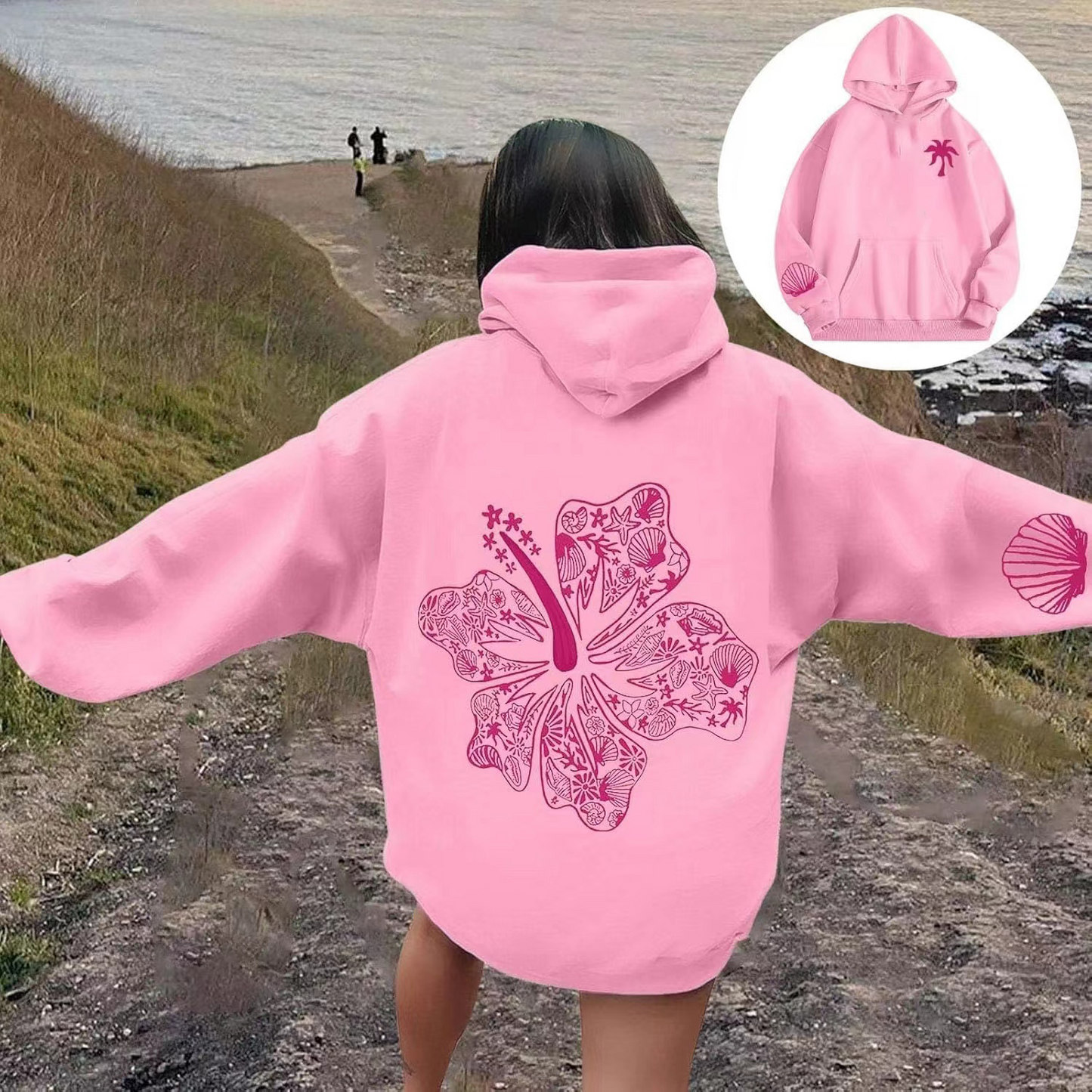 Hawaii Hibiscus Hoodie in Blush Pink Pocket Hoodie