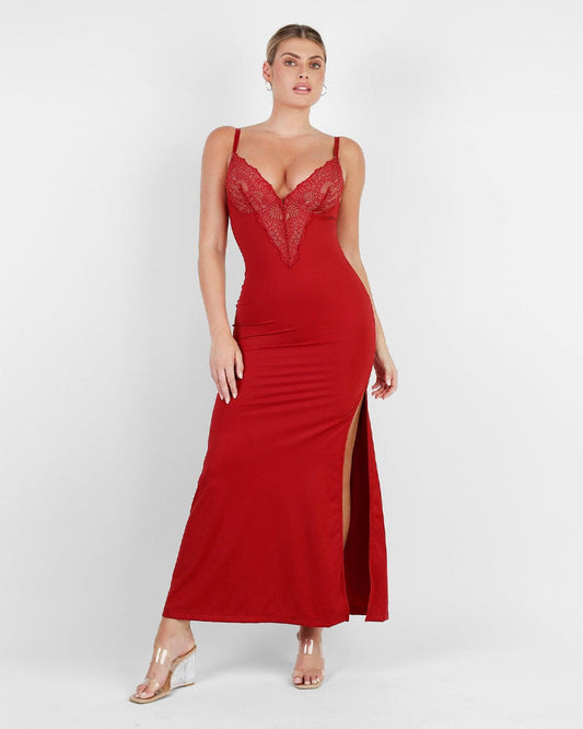 Deep-V Lace High-Slit Maxi Dress with Built-In Shapewear