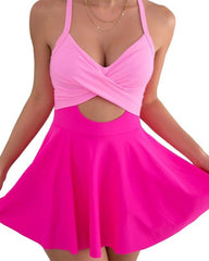 Women Cutout One Piece Skirt Swimsuit Tie Back Tummy Control Swimdress