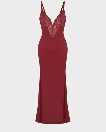 Deep-V Lace High-Slit Maxi Dress with Built-In Shapewear