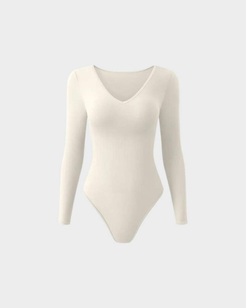 Sexy Ribbed V Neck Long Sleeve Bodysuits