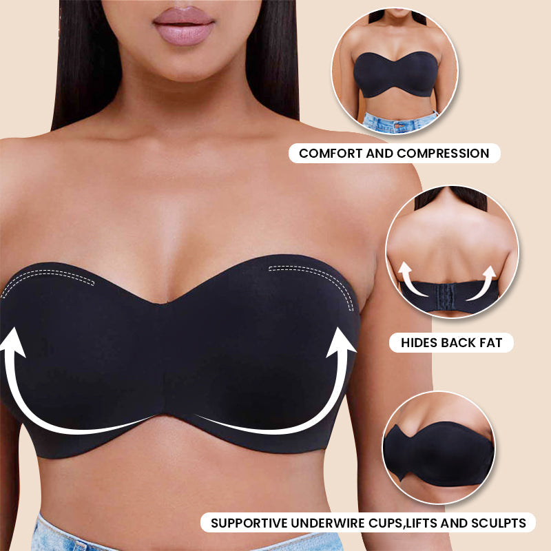 Full Support Non-Slip Convertible Bandeau Bra-Black+Nude