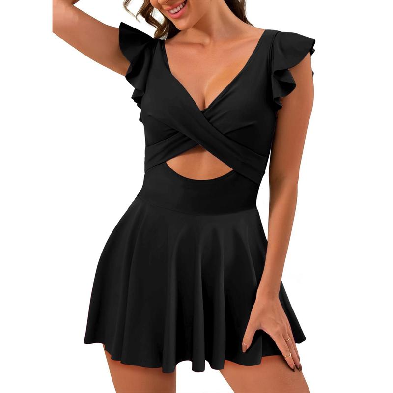 One Piece  Ruffle Cutout Swimdress Tummy Control V Neck Wrap Swimsuit