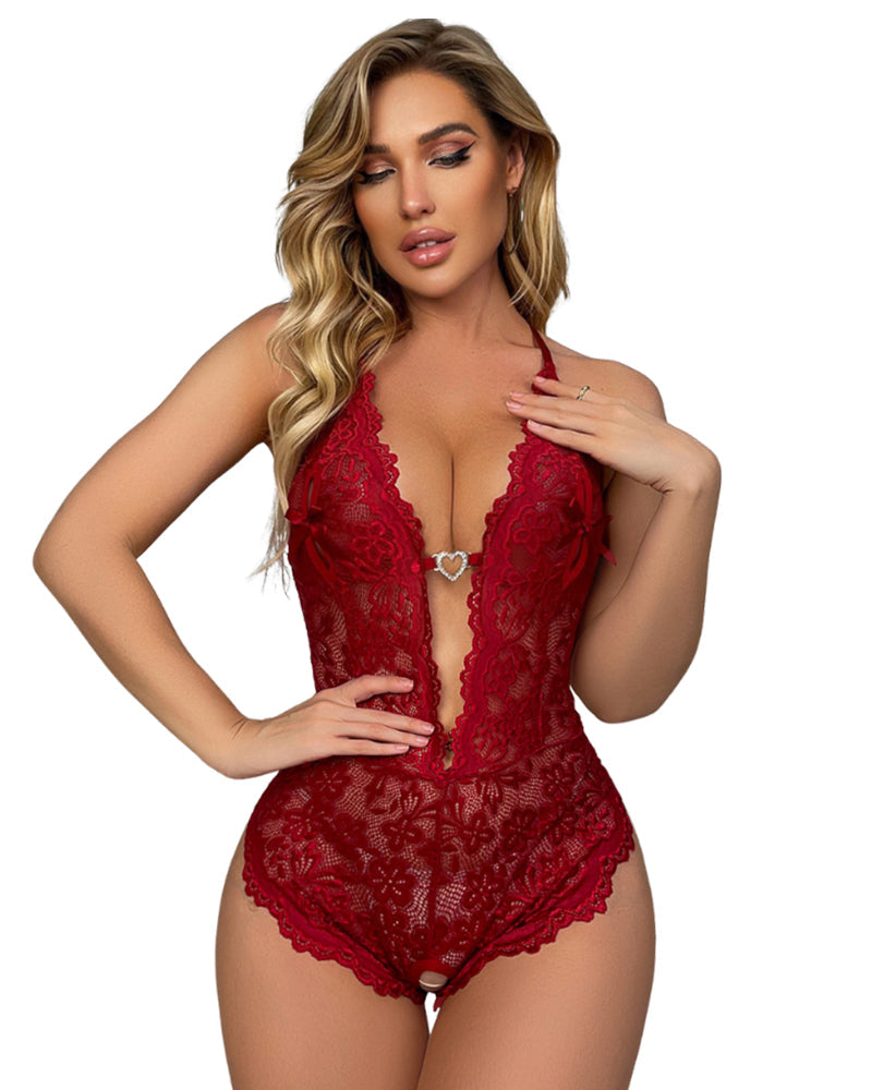 Women's Floral Lace Scallop Trim Cut Out Sheer Crotchless Sexy Lingerie Wear