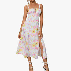 Women's Multi Color Elegant Square Neck Lace Up Midi Dress