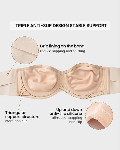 Full Support Non-Slip Convertible Bandeau Bra-Black+Nude