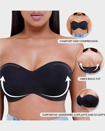 Full Support Non-Slip Convertible Bandeau Bra-Black+Nude