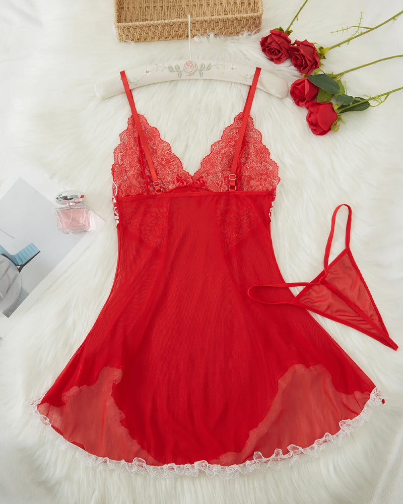 Sexy V Neck Sheer Lace Nightgown with G-String