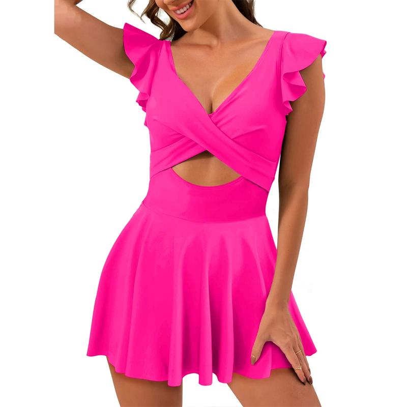 One Piece  Ruffle Cutout Swimdress Tummy Control V Neck Wrap Swimsuit