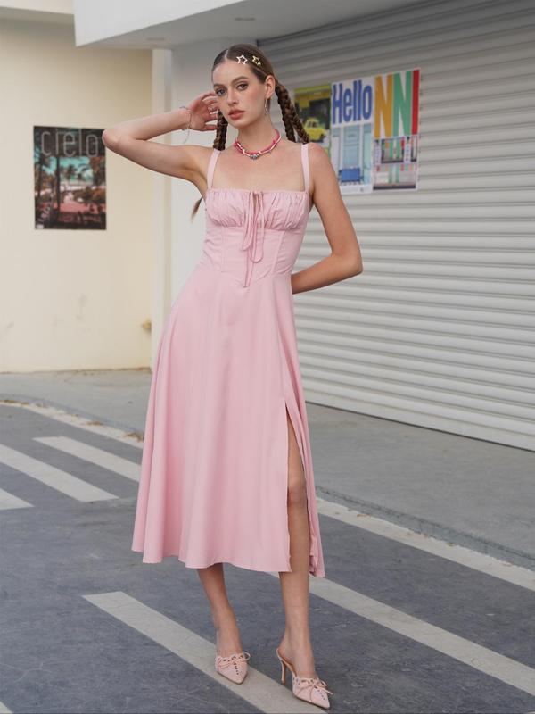 Women's Multi Color Elegant Square Neck Lace Up Midi Dress