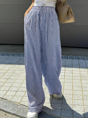 Women's Striped Print Drawstring Waist Casual Summer Wide Leg Pants