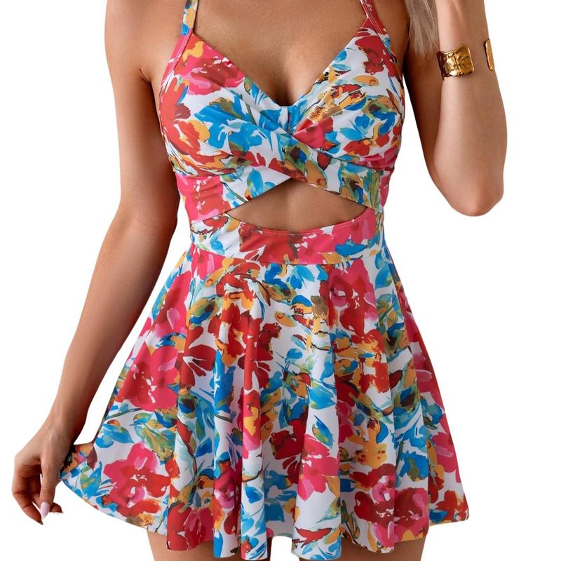 Women Cutout One Piece Skirt Swimsuit Tie Back Tummy Control Swimdress
