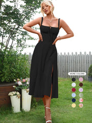 Women's Multi Color Elegant Square Neck Lace Up Midi Dress
