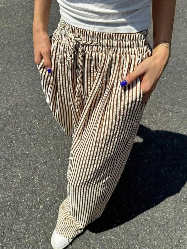 Women's Striped Print Drawstring Waist Casual Summer Wide Leg Pants