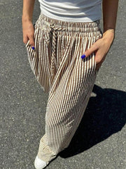 Women's Striped Print Drawstring Waist Casual Summer Wide Leg Pants