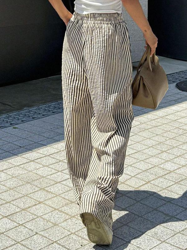 Women's Striped Print Drawstring Waist Casual Summer Wide Leg Pants
