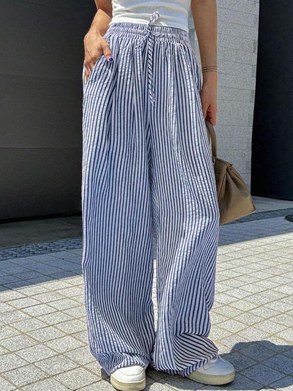 Women's Striped Print Drawstring Waist Casual Summer Wide Leg Pants