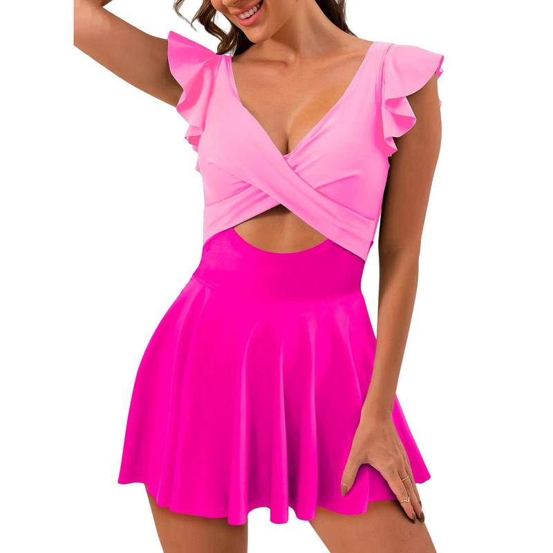 One Piece  Ruffle Cutout Swimdress Tummy Control V Neck Wrap Swimsuit