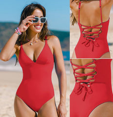 Women Casual Lace-Up Back Tummy Control Plunging Slim & Sculpt Swimsuit