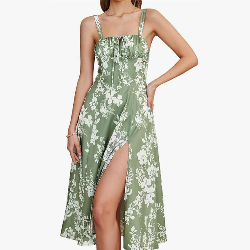 Women's Multi Color Elegant Square Neck Lace Up Midi Dress