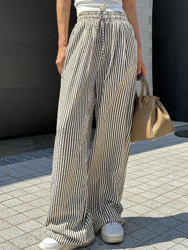 Women's Striped Print Drawstring Waist Casual Summer Wide Leg Pants