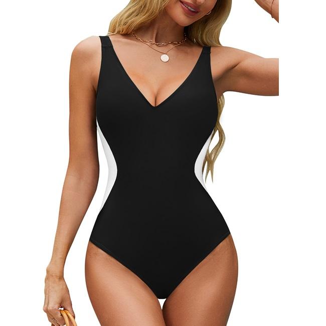 Color Block Lace Up Back Slimming Tummy Control Deep V Neck Swimsuit