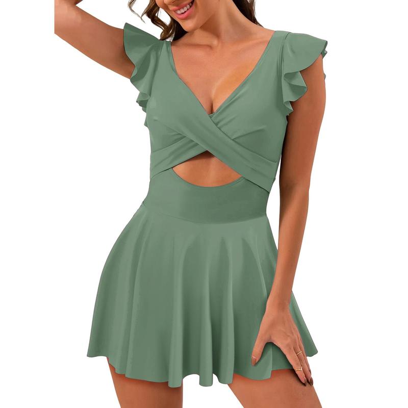 One Piece  Ruffle Cutout Swimdress Tummy Control V Neck Wrap Swimsuit